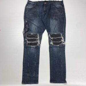 Amiri Mx1 Leather Repaired Distressed Dark Wash Blue Jeans Size 40